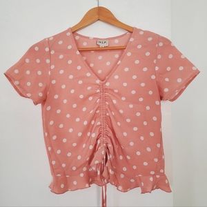 Pink/White Polkadot v-neck Shirt with a bow (adjustable length)